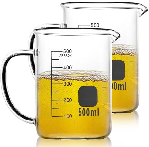 2 Stück Messbecher Glas, 500ml Messbecher mit Griff und Graduierte, Borosilikatglas Messbecher mit Gießauslauf, Measuring Cups, Transparent Meßbecher für Labor Laborglas Hitzebeständig Labor
