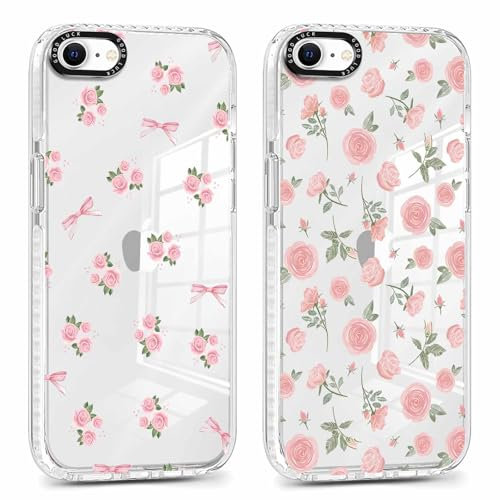 Phoona 2 packs Phone Case for iPhone 7/8 / SE 2020 / SE 2022 4,7'', Cute Clear Transparent Cover with Flower Pattern Aesthetics Design, Soft Shockproof Protective Bumper Slim Funda for Women Girls