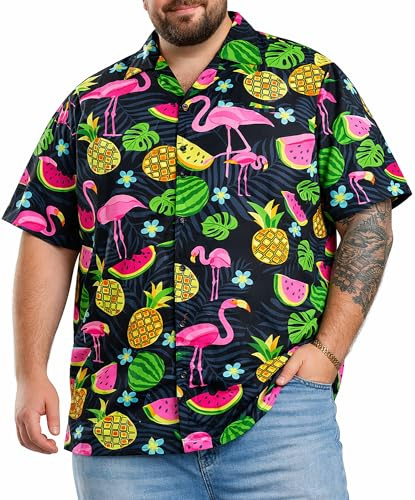 King Kameha Hawaii Hemd Männer Plus Size - Funky Hawaiihemd Herren Kurzarm mit Flamingo-Melonen Print - Ideal für Urlaub & Strand
