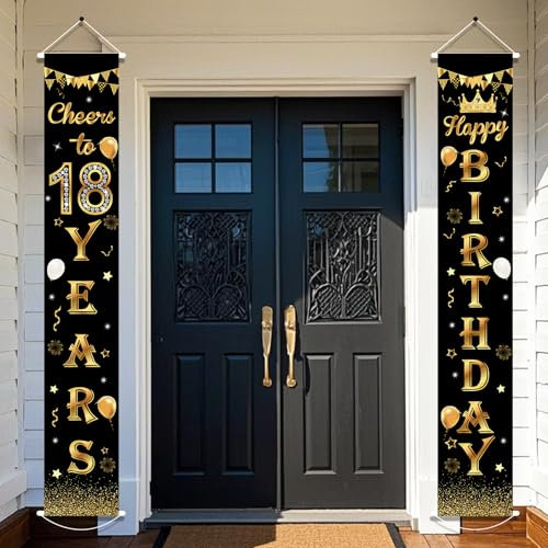 Businey Happy 18th Birthday Door Banner Party Decorations, Black Gold Fabric 18th Birthday Door Porch Sign Banner for Boys Girls Party Indoor Outdoor Decor Supplies