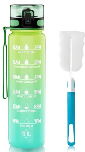 SYDERUER Trinkflasche 1L, BPA-Freies Tritan-Material 1 Liter Wasserflasche Sport mit Zeitmarkierung, Flasche für Fitnessstudio, Gym, Outdoor, Schule(Grün/Blau)