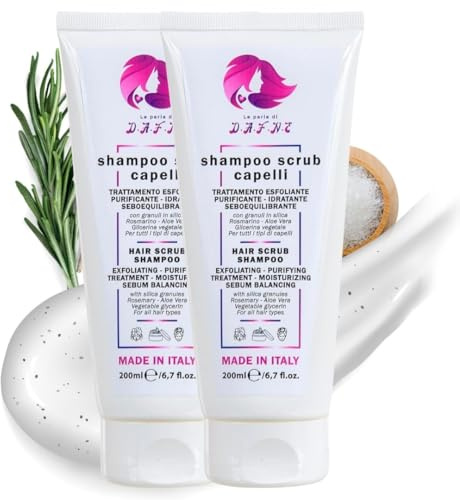Le Perle di Dafne – 2 x 200 ml Shampoo Scrub Kopfhaut mit Kieselgranulat und Aloe Vera, Peeling und Feuchtigkeit, beseitigt abgestorbene Zellen und stimuliert das Haarwachstum, mit Rosmarinöl