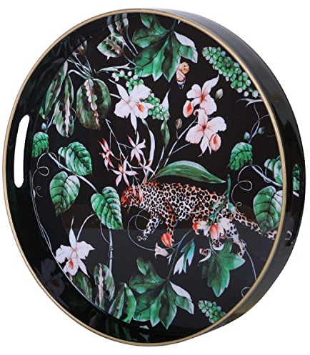 Simmer Stone Round Decorative Tray, Plastic with Handles, Modern Vanity nd Serving for Ottoman, Coffee Table, Kitchen and Bathroom, Size 13 INCH (Jungle Leopard)