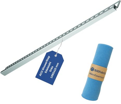 BADfabrik24 ACO ShowerStep Edelstahl links 1490x10 mm, geschliffen, elektropoliert, Art.-Nr.: 9010.72.53, Ausgleichselement Dusche + Mikrofasertuch 40x40 cm, Edelstahl Ausgleich Dusche