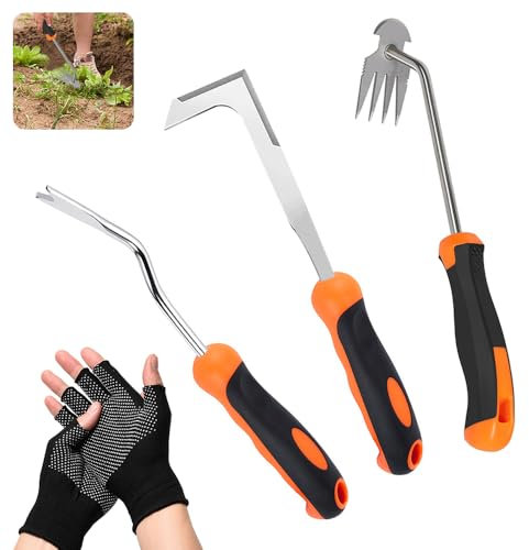 HIQE-FL Unkrautstecher mit Gummigriff,3 Stück Garten Handjätgerät mit Griff,Unkraut Entferner Gerät mit Stiel,Gartenarbeit Hand Unkrautstecher,Edelstahl,Einfache Lagerung,für Garten Jäten