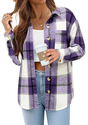 Zeagoo Camicia da donna a quadri, a maniche lunghe, con bottoni, in flanella, con tasca, casual, a quadri, per autunno e inverno, taglie S-XXL, Lilla, L