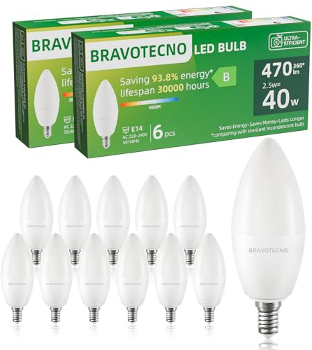 bravotecno E14 LED Glühbirne, Energieklasse B E14 LED Kaltweiss, 6500K 2.5W 470LM C37 Kaltweiß Leuchtmittel Entspricht 40W, 360° Abstrahlwinkel, Nicht Dimmbar, Wärmearm & Langlebig, 12 Stück