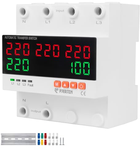 PJERJZN Interruptor automático de doble corriente (ATS) de 230 V, 5 indicadores, conmutación de corriente de 3 vías con protección contra sobre/bajo voltaje, protección contra sobrecorriente para red