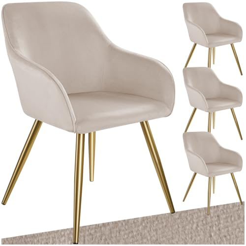 tectake® Lot de 4 Chaise de Salle à Manger rembourrée Moderne Fauteuil Salon Chaise Velours Chaise Scandinave Pieds en Acier Doré Élégant avec Accoudoirs Coiffeuse, Chambre, Salon