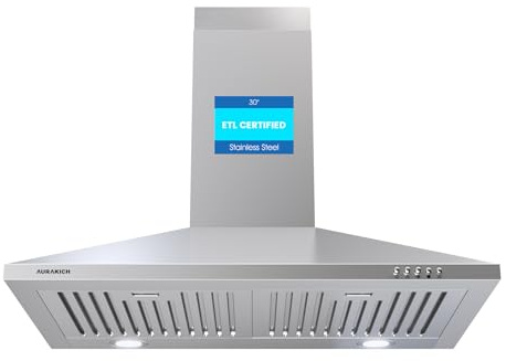 AURAKICH Range Hood 30 inch, 450CFM Wall Mount Kitchen Hood in Stainless Steel, TRUE-COLOR 5500K LEDs, Baffle Filters, Ducted/Ductless Convertible (Charcoal Included)