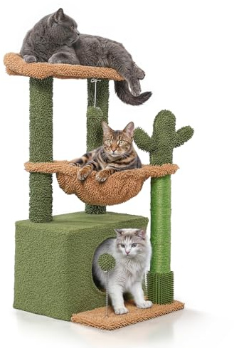 Generic Árbol de cactus para gatos de interior de 34 pulgadas, torre de varios niveles con poste rascador, condominio, percha superior, cesta y juguetes colgantes, gatitos y verde pequeño