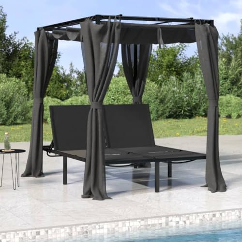 PTUGUOF Luxus Sonnenliege für Pool und Terrasse, Verstellbare Doppelliege mit Baldachin und Gartenliege mit Verstellbarer Rückenlehne und Vorhängen