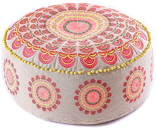 Groß Marokkanischer BodenKissen Bezug mit Ponpon - Handgefertigter kuschelig & weich Rund Sitzhocker Sitzkissen Pouf Ottomane für Schlafzimmer -Ungefüllt 60x20cm