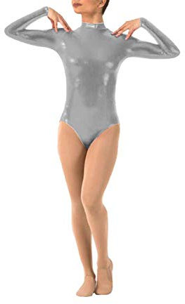 IMEKIS Damen Ballettanzug Langarm Bodysuit Glänzend Body Wetlook Ballett Tanzbody Leotard Gymnastik Turnanzug Gymnastikanzug Einteiler Metallic Trikot Oberteile Top Sport Fitness Kostüm Grau XS