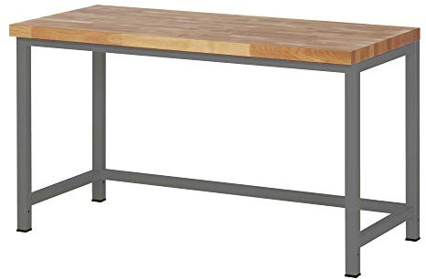 STIER Höhenverstellbare Werkbank Premium, 150x70x84-104 cm, aus pulverbeschichtetem Stahl und Buche, flexibel und ergonomisch, ideal für anpassbare Arbeitsplatzgestaltung in Werkstätten