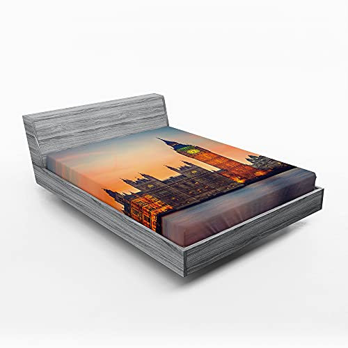 ABAKUHAUS London Spannbetttuch, Big Ben und das Parlament, Soft Dekorativer Stoff Bettwäsche Rund-um Elastischer Gummizug, 140 cm x 200 cm, Ringelblume Grau