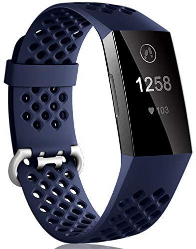Dirrelo Compatible avec Bracelet Fitbit Charge 3/Fitbit Charge 4, Accessoires de Respiration en Silicone de Rechange Réglables pour Fitbit Charge 3 SE, pour Femmes Hommes, Bleu foncé L