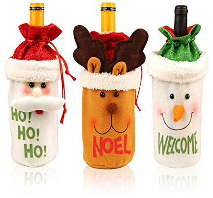 LAPONO 3pcs Navidad Funda para Botella de Vino Papá Noel Elk Santa Muñeco De Nieve patrón Cubierta de la Botella de Vino de Regalo Bolsas para Decoración Hogar de la Mesa de Cena para