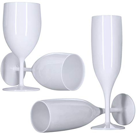 6 Flutes, 6 Wine Glasses (White) Pack of 12 Reusable Plastic Champagne Prosecco 175ml 300ml Strong Sturdy Glossy Bright 1-Piece Dishwasher Safe