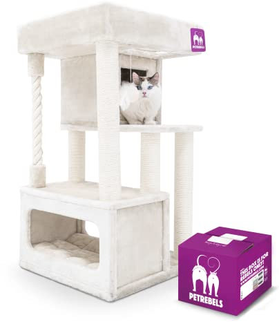 Petrebels Kratzbaum Lodge 107 cm hoch, Extrem stabil, mit XXL Sofa, Auch Ideal für Senioren Katzen, 59 x 59 x 107 cm, Farbe Beige/Creme