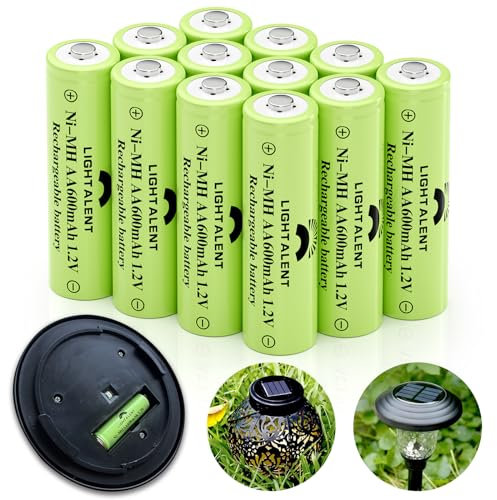 Lightalent Lot de 12 piles rechargeables Ni-MH AA, double A, haute capacité, 1,2 V, pour lampes solaires d'extérieur (AA-600 mAh)