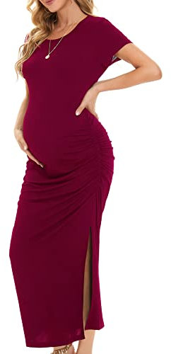Smallshow Femme Longue Robe Grossesse Fente latérale Robes Maternité Wine XXL