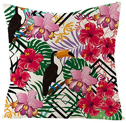 EHOMERY Kissenbezügegarten Set Kissen Blumen Und Tukan-Vogel Flachs Zierkissenbezüge Kissenbezüge Kuschelig Kissenbezug Dekokissen Wohnzimmer Sofa Dekoration Rot Rosa Grün 18X18 Inches