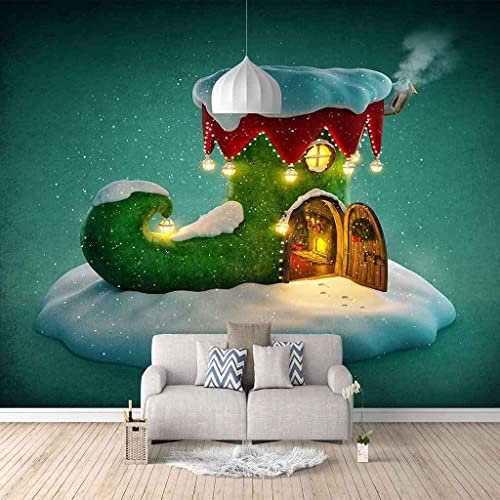 GHASOO Self-Adhesive Wallpaper Green Christmas Cottage 3D Photo Wallpaper Mural Motif Peel and Stick Wall Photo 3D Wallpaper Paste Living Room The Wall for Bedroom Mural Border - 157X 110