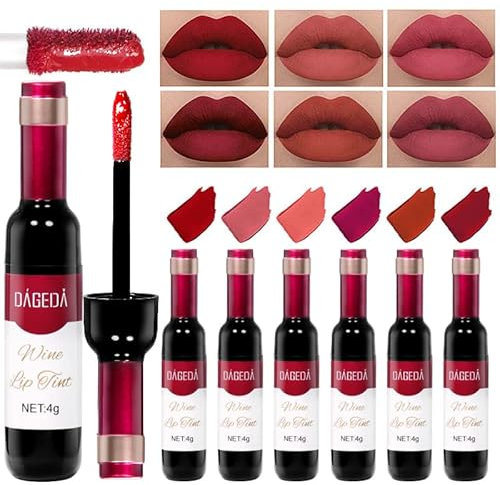 Prreal 6teiliges WeinLippenstiftSet, matter Lippenstift, LippenfleckenSet, langanhaltend, wasserdicht, 7 Farben, samtig, flüssige Weinflasche, Lipgloss, AntihaftTasse, LippenMakeup,