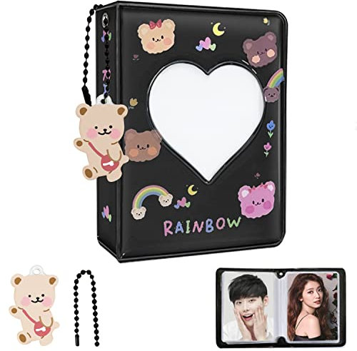 Kpop Photocard Holder 3 Zoll Photocard Binder, 40 Pockets Mini Fotoalbum Kpop Photo Card Binder, Love Heart Hollow Photo Card Album K-pop Collect Album with Lovely Pendant (Black)
