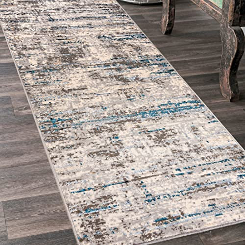 Mazovia Teppich Läufer Flur - Modern Teppichläufer – Kurzflor, Weich - für Vorzimmer Eingangsbereich Schlafzimmer Küche Korridor - Abstrakt Muster 80 cm Breite - Beige Blau Grau 80 x 400 cm