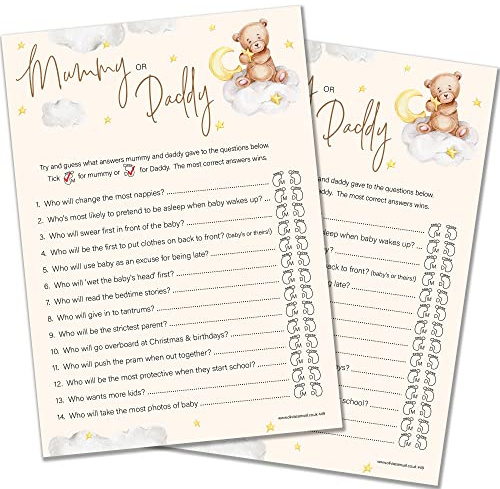 20 x Babyparty-Spiel für Mama oder Papa, Unisex, neutrales Teddybär-Design (20 Gästekarten + 1 Karte mit Antworten für den Gastgeber), hergestellt in Großbritannien + Gewinnerzertifikat