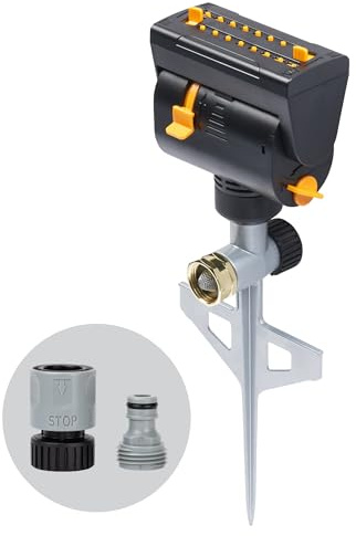 Melnor 65137AMZ MiniMax Turbo Oscillating Sprinkler on Step Spike, 4000 sq. ft., 4-Way Adjustable, Quick Connect Bundle, Yellow