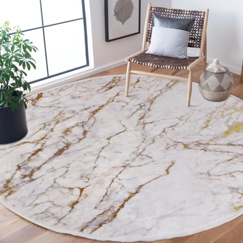 Moderner runder Marmor-Teppich – 1,8 m, waschbar, großer runder Teppich für Wohnzimmer, rutschfest, beige, runder Teppich mit Gummi-Rückseite, weicher Kreis-Teppich für Esszimmertisch,