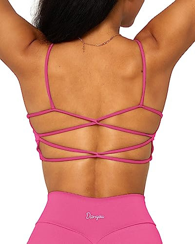 Danysu Womens Backless Sports Bra Open Back Workout Top Light Support Strappy Sport Bra Cute Gym Clothes Crisscross Hot Pink S