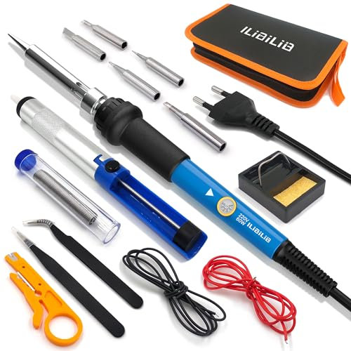 ILIBILIB Juego de soldador, soldador de 60 W para principiantes, kit de soldador 16 en 1 con temperatura ajustable de 200 ℃ a 450 ℃ para soldar y reparar aparatos electrónicos