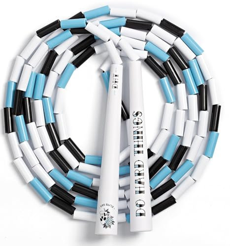 EliteSRS, Do Hard Things Springseile mit Perlen für Fitness, unzerbrechliche 16,5 cm Kantengriffe mit 2,5 cm bruchsicheren Kunststoffperlen – Indoor/Outdoor Perlen-Springseil (weiß/weiß-blau-schwarz)