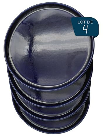 ESPRIT DE CUISINE - Lot de 4 Assiettes Plates En Céramique - Design Élégant - Résistant Aux Rayures - Solide Et Durable - Facile À Nettoyer - Made In France - 25 cm - Bleu Moucheté