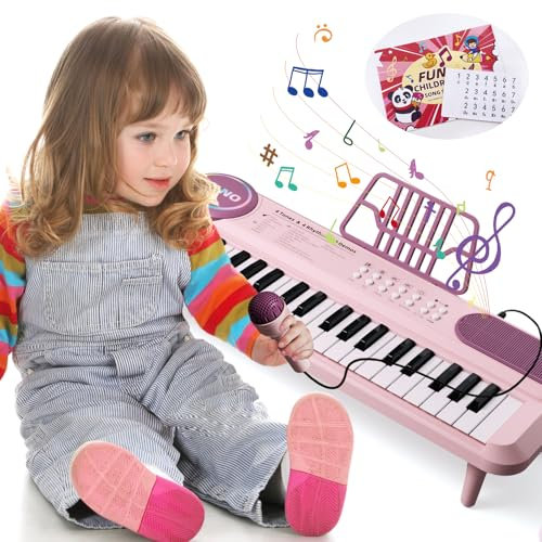 Teclado de Piano Infantil para Niños, 37 Teclas Electrónicos Piano Musical con Micrófono para Multifuncionales Portátiles Niños Rosa Cumpleaños Juguetes para 3 4 5 6 Años Bebe Niñas Niños