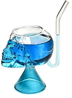 Skull Cocktail Glasses, Multi Function Cocktail Glass Beer Cup, Wine Glass Cup with Built in Straw, for Cocktail Margarita Whiskey Juice Holiday Decorations Gifts Or Themed Party(Lake Blue)