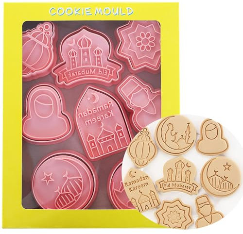 8 Pieces Eid Mubarak Cookie Cutters Set, Islamic Muslim Biscuit Mold, Baking Molds 3D Ramadan Cookies Mould for Muslim Eid Party Decoration, C