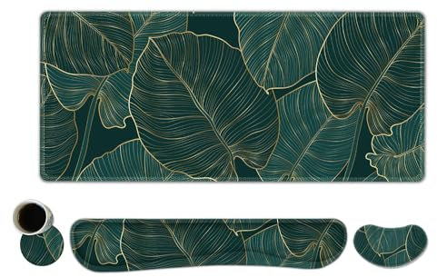 ToLuLu Extended Gaming Mouse Pad, Memory Foam Ergonomic Keyboard Mouse Wrist Rest Support Set, Large Desk Mat with Stitched Edges, Non-Slip Base Mousepad for Home Office Game, Green Golden Leaves