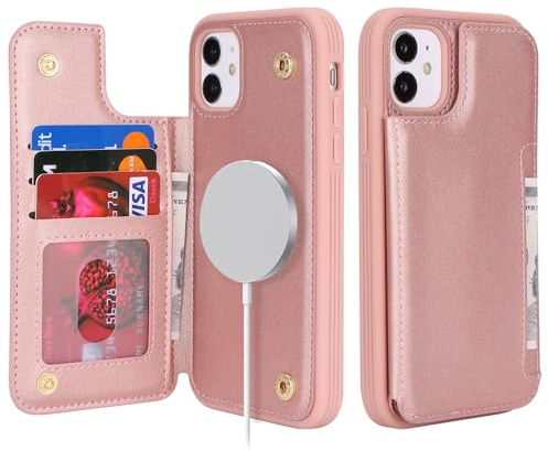 SailorTech für iPhone 11 Hülle mit Kreditkartenhalter Magsafe, iPhone 11 Handy-Lederhülle für Damen, kompatibel mit Mag Safe, Kartenfächern, langlebig, stoßfest, Brieftaschen-Hülle, Roségold