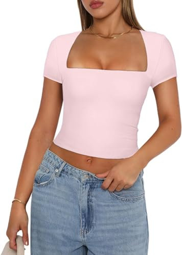 Women Sexy U Neck Crop Top Casual Short Sleeve Y2K T-Shirt Solid Color Slim Fit Basic Blouse Tee (Short Sleeve Pink, S)