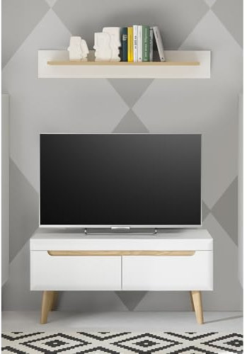 Lomadox Wohnzimmer TV-Lowboard und Wandboard in Weiß Matt mit Eiche, 2-teilig