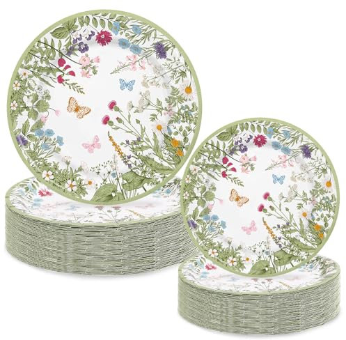 Generic AnyDesign 50Pcs Spring Paper Plates Vintage Wildflower Disposable Plates 9 in & 7 in Green Wild Floral Decorative Tableware Dinner Plates for Home Party Decor Supplies