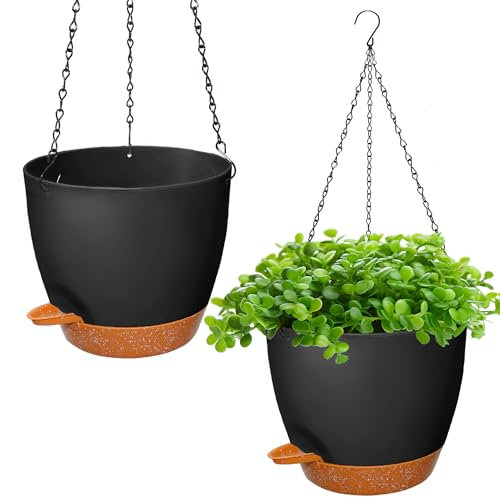 Blumentopf hängend Mit Bewässerungssystem,2er Set 20.5cm Blumenampel Plastik außen innen,Selbstbewässernd hängetopf für Pflanzen mit 3Hook für Innen Außen Decken Balkone Wanddekoration(schwarz)