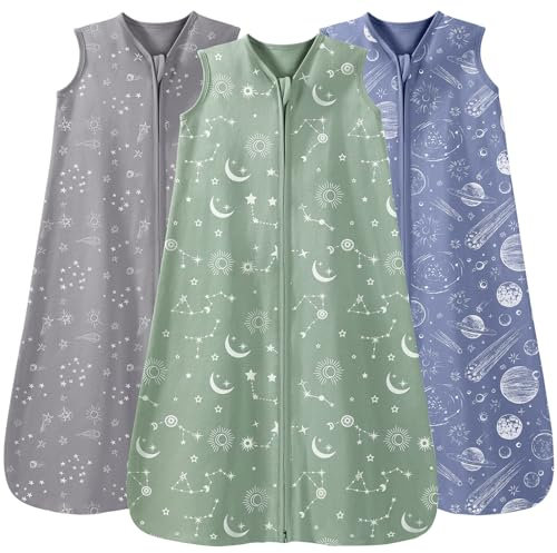 Unnivoll 3er Pack Schlafsack Baby Sommer 0.5 Tog 100% Baumwolle Sommerschlafsack Babyschlafsack 18-24 monate 90 cm für Jungen Mädchen Kinder Grau Grün Konstellation