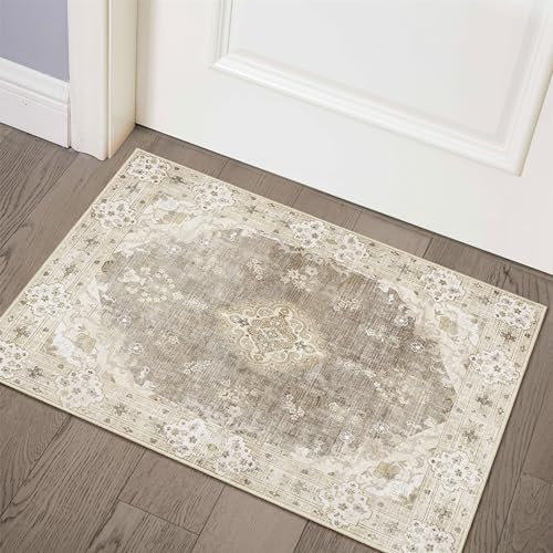 MUJOO Beigefarbener Teppich, 60 x 90 cm, klein, waschbar, für Eingangsbereich, Küche, Badezimmer, Schlafzimmer, Boho, Vintage, Bohemian, Landhausstil, rutschfest, Blumenmuster