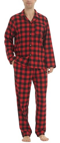 LNFINTDO Pyjama long pour homme, 2 pièces, flanelle, coton, à carreaux, ultra doux, à manches longues, avec poche, ensemble pyjama pour homme, rouge, M